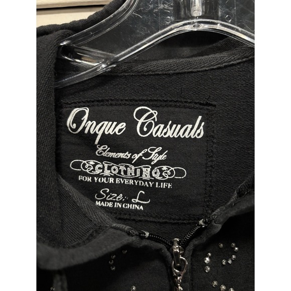 Onque Casuals Black Rhinestone Detail Zip Up Hood Jacket Pockets Size L - Picture 2 of 6